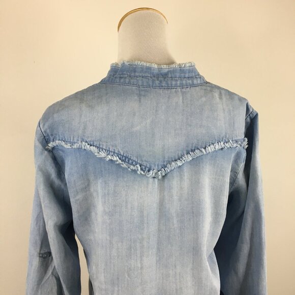 CLOTH & STONE Anthropologie Blue High Low Fringe Hem Chambray Button Shirt Dress - Picture 11 of 16